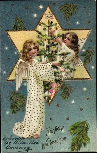 Präge Litho Glückwunsch Weihnachten, Engel schmücken Tannenbaum, Sterne