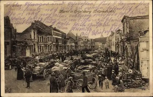 Ak Szczytno Ortelsburg Ostpreußen, Fuhrwerke, Kriegszerstörungen, Markt, I. WK