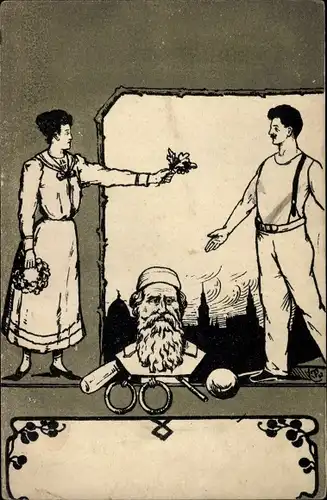 Litho Turnvater Jahn, Frau mit Kranz, Turner