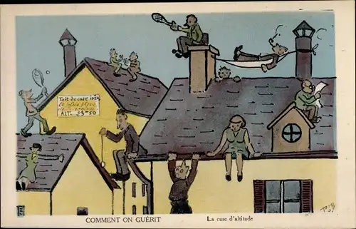 Künstler Ak Comment on Guerit, la cure d'altitude, Personen auf Dächern