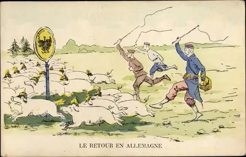 Ak Le Retour en Allemagne, Schweine von französischen und belgischen Soldaten verjagt, I. WK