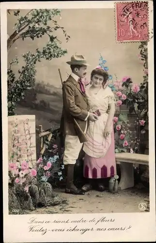 Ak Liebespaar, Jäger, Jagdwaffe, Blumen, Liebe