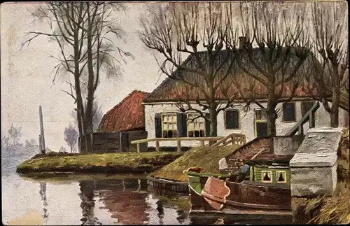 Künstler Ak Gerstenhauer, J. G., Wohnhaus am Wasser, Bäume, Boot