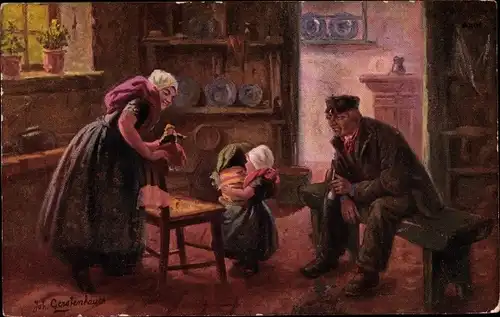 Künstler Ak Gerstenhauer, J. G., Familienbild, Niederländische Tracht, Bauernstube