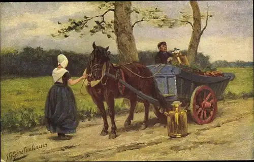 Künstler Ak Gerstenhauer, Johann Georg, Frau in niederländischer Tracht, Kutsche