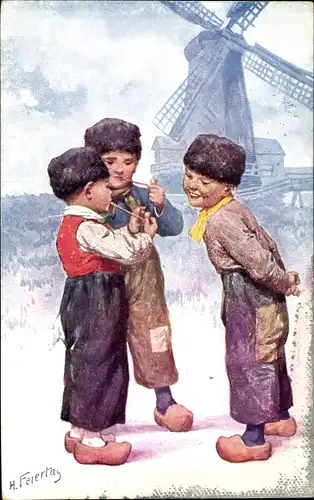 Künstler Ak Feiertag, Karl, Drei Jungen rauchen Pfeife, Windmühle, BKWI 922 5