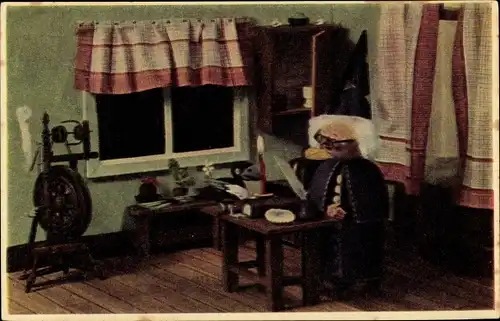 Ak Assepoester, Aschenputtel, Spinnrad, Mann mit Zaubererhut, Märchen