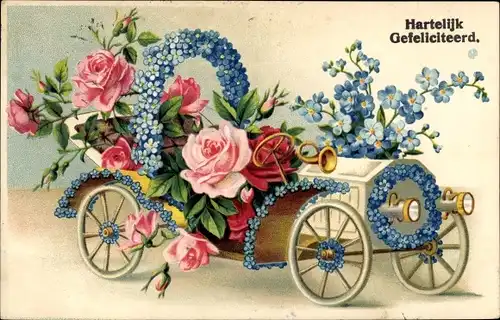 Präge Ak Glückwunsch, Hartelijk Gefeliciteerd, Wagen, Vergissmeinnicht, Rosen