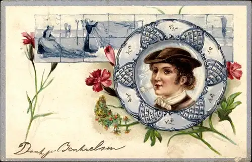 Präge Litho Rauchender Junge, Pfeife, Portrait, Blumen, Frauen am Ufer, Bettwäsche