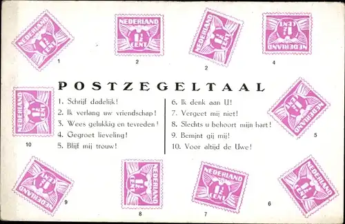 Ak Niederlande, Postzegeltaal, Schrijf dadelijk, Ik verlang uw vriendschap, Briefmarkensprache