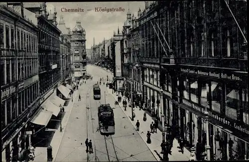 Ak Chemnitz in Sachsen, Königstraße, Straßenbahn, Einkaufsstraße