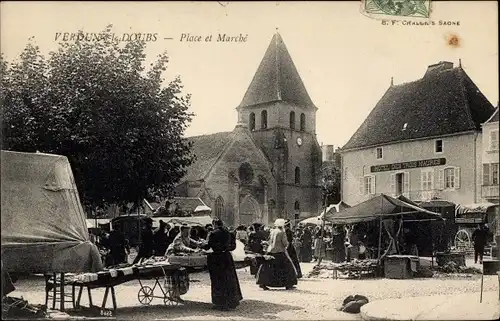 Ak Verdun sur le Doubs Saone et Loire, Place et Marché