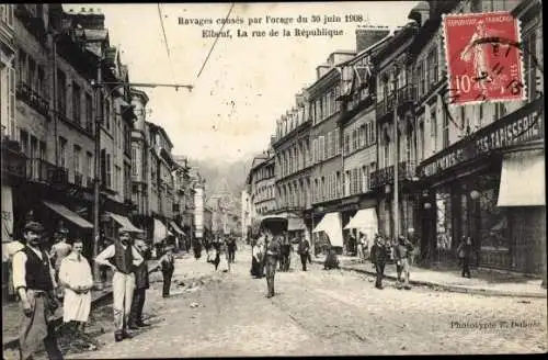 Ak Elbeuf Seine Maritime, Ravages causes par l'Orage 1908, la Rue de la République