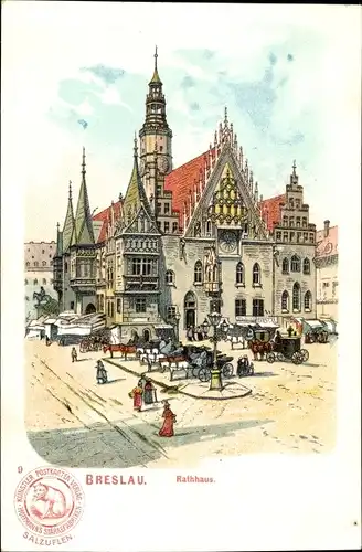 Künstler Litho Wrocław Breslau Schlesien, Rathaus, Hoffmanns Stärkefabriken Salzuflen