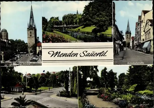 Ak Menden im Sauerland, Bahnhofstraße, Vincenz-Kirche, Blumen-Dreieck, Parkanlagen