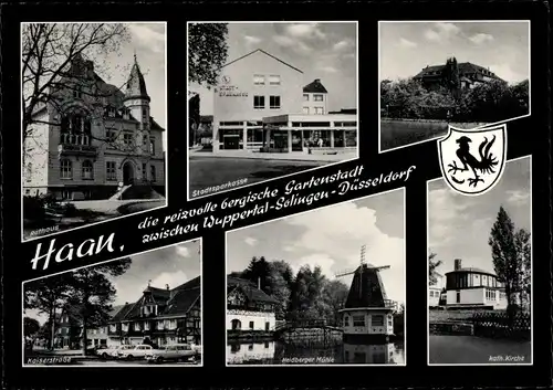 Ak Haan Kreis Mettmann, St. Josef Krankenhaus, Stadtsparkasse, Heidberger Mühle, Kirche