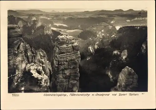 Ak Rathen an der Elbe Sächsische Schweiz, Elbsandsteingebirge, Höllenhundsspitze mit Amselgrund