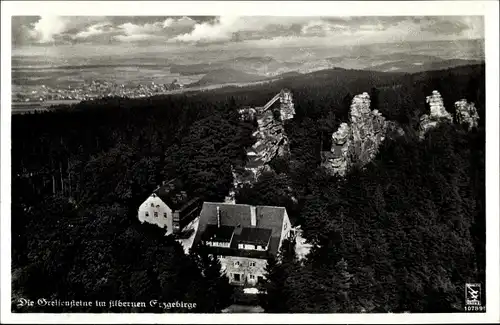 Ak Ehrenfriedersdorf im Erzgebirge, Fliegeraufnahme der Greifensteine und Berghaus