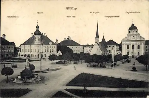 Ak Altötting in Oberbayern, Rathaus, Hotel Post, Hl. Kapelle, Kongregrationssaal, Magdalenenkirche