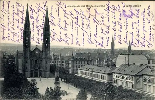 Ak Wiesbaden in Hessen, Luisenplatz mit Bonifatiuskirche