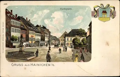 Litho  Hainichen in Sachsen, Marktplatz, Wappen