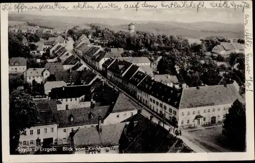 Ak Sayda im Erzgebirge, Blick vom Kirchturm nach dem Schwartenberg, Teilansicht des Ortes