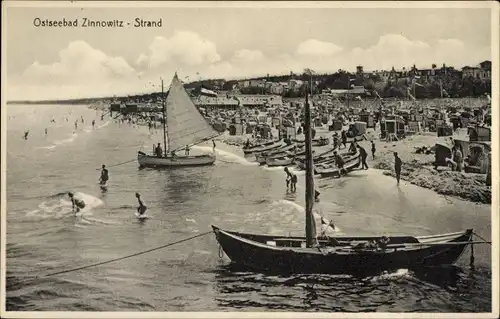 Ak Ostseebad Zinnowitz auf Usedom, Strand, Segelboote, Strandkorb