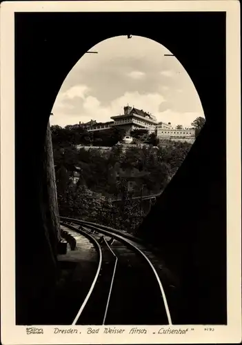 Ak Dresden Weißer Hirsch, Blick durch den Tunnel der Standseilbahn zum Luisenhof