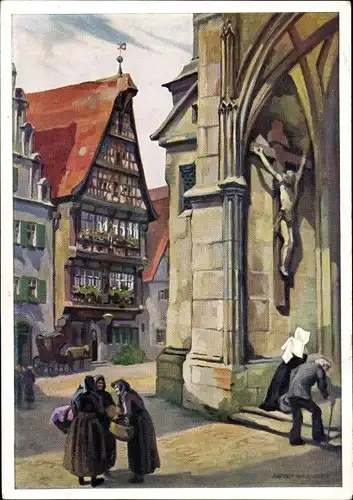 Künstler Ak Rudolf Warnecke, Dinkelsbühl in Mittelfranken, St. Georgskirche, Deutsches Haus