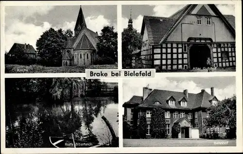 Ak Brake Bielefeld in Nordrhein Westfalen, Rolfs Biberteich, Kirche, Bahnhof, Alter Gutshof