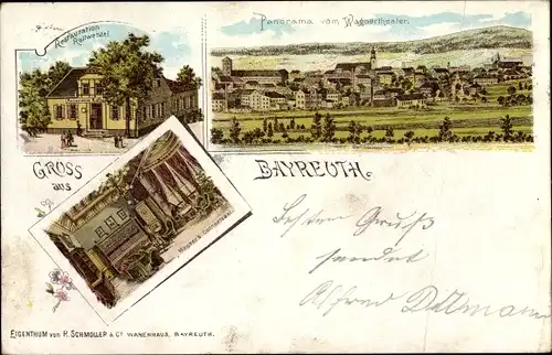 Litho Bayreuth in Oberfranken, Panorama vom Wagnertheater, Restaurant Rollwenzel, Konzertsaal