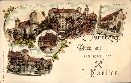 Litho Nürnberg in Mittelfranken, Albrecht-Dürer-Haus, Burg, Kaiserstallung, Henkersteg