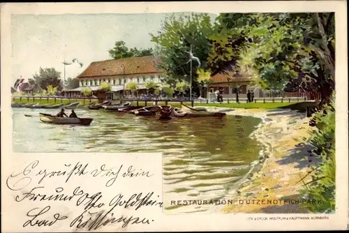 Litho Dutzendteich Nürnberg in Mittelfranken Bayern, Restauration, Ruderboote