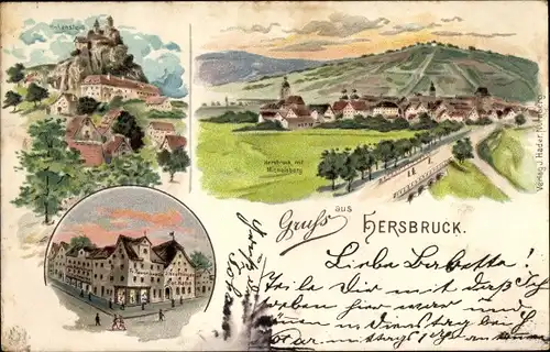 Litho Hersbruck in Mittelfranken, Gesamtansicht mit Michelsberg, Hohenstein