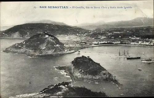 Ak San Sebastian Baskenland, El Castillo, Isla de Santa Clara y Bahia desde Igueldo