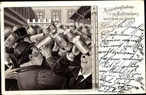 Litho München Bayern, Hofbräuhaus bei 35 Grad im Schatten, Thermometer, Biertrinker