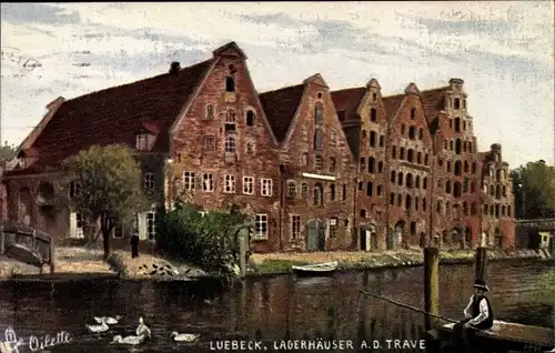 Künstler Ak Lübeck in Schleswig Holstein, Lagerhäuser an der Taverne, Angler