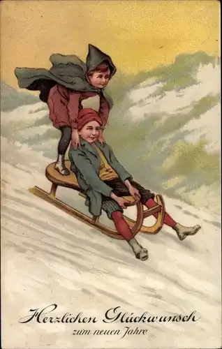 Ak Glückwunsch Neujahr, Zwei Jungen auf einem Schlitten bei der Abfahrt