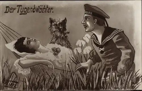 Künstler Ak Wietz, O., Der Tugendwächter, Frau schläft in einer Hängematte, Seemann, Hund