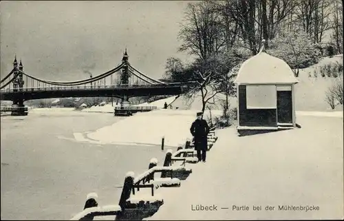 Ak Lübeck in Schleswig Holstein, Partie bei der Mühlenbrücke, Winter