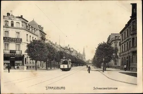 Ak Strasbourg Straßburg Elsass Bas Rhin, Schwarzwaldstraße, Apotheke, Straßenbahn