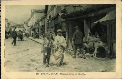 Ak Mazedonien, Balkan Typen, Mazedonisches Straßenbild, Esel, Mazedonier