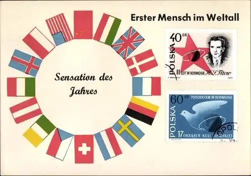 Briefmarken Ak Sensation des Jahres, Erster Mensch im Weltall, polnische Briefmarken, Titow