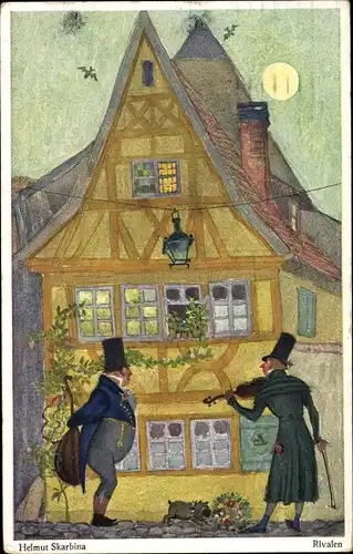 Künstler Ak Skarbina, Helmut, Rivalen, Zwei Männer musizieren unter einem Fenster