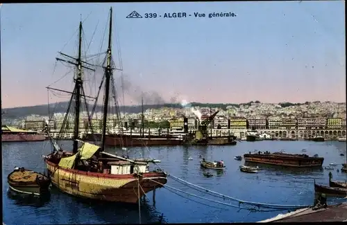 Ak Algier Alger Algerien, Zweimaster, Segelschiff, Blick über den Hafen