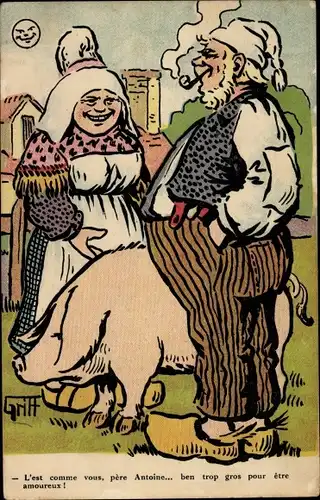 Künstler Ak Griff, père Antoine, Französische Bauern in Tracht, Schwein