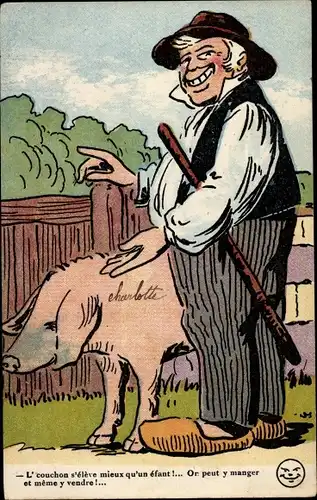 Künstler Ak Griff, couchon, Französischer Bauer in Tracht, Schwein