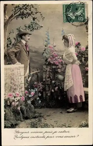 Ak Liebespaar, Jäger, Blumen, Liebe, Garten