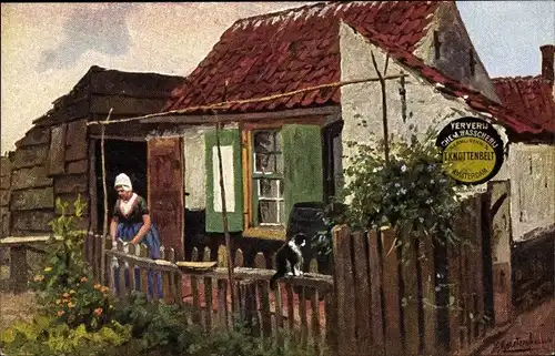 Künstler Ak Gerstenhauer, J. G., Frau in niederländischer Tracht, Wohnhaus, Katze, T. Knottenbelt