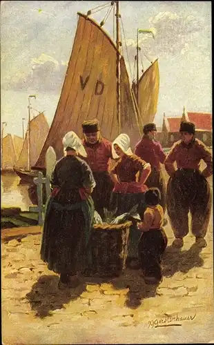 Künstler Ak Gerstenhauer, Johann Georg, Edam Volendam, The fish market, Fischmarkt, Niederländer